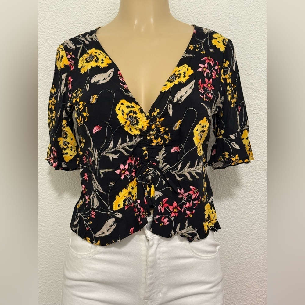 Express Yellow and Red Puff Sleeve Tie Front Blouse